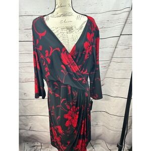 Lauren Ralph Lauren Red Floral Faux Wrap Dress Black V-Neck 18W NEW